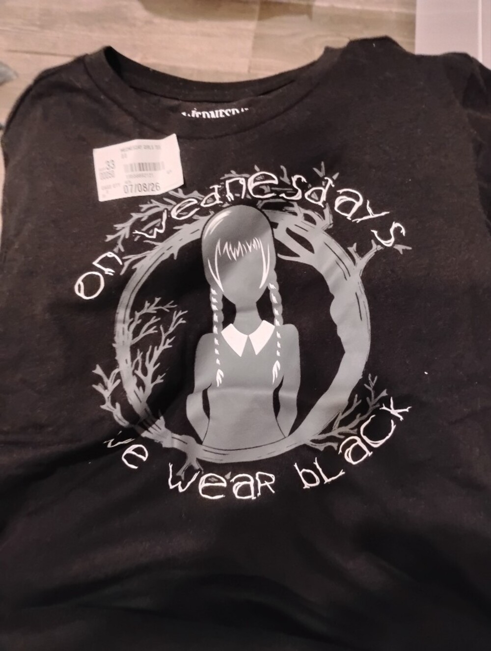 NWT Black Graphic Kids T-Shirt with Wednesday movie Print